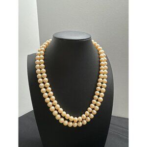 Vintage Gold Tone & Green Sunburst Pendant Double Strand 8 mm Pearl Necklace